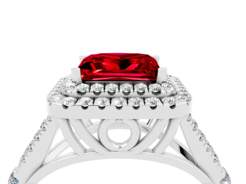White gold Double Halo Princess Cut Ruby Pavé Split Shank Ring with Prong Setting_4