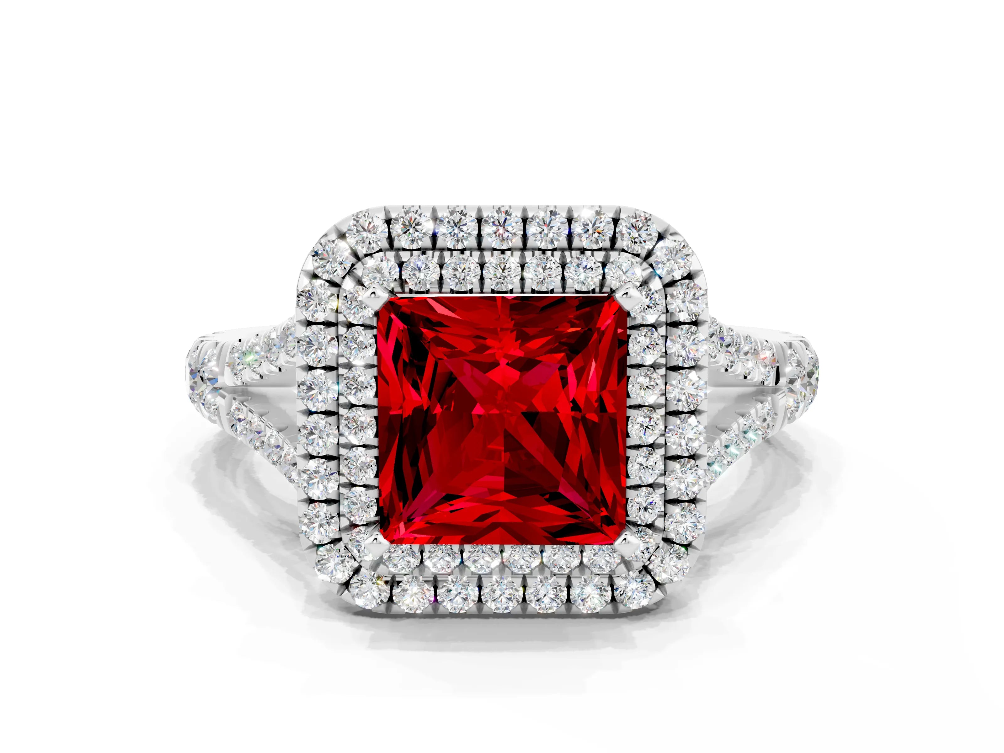 White gold Double Halo Princess Cut Ruby Pavé Split Shank Ring with Prong Setting
