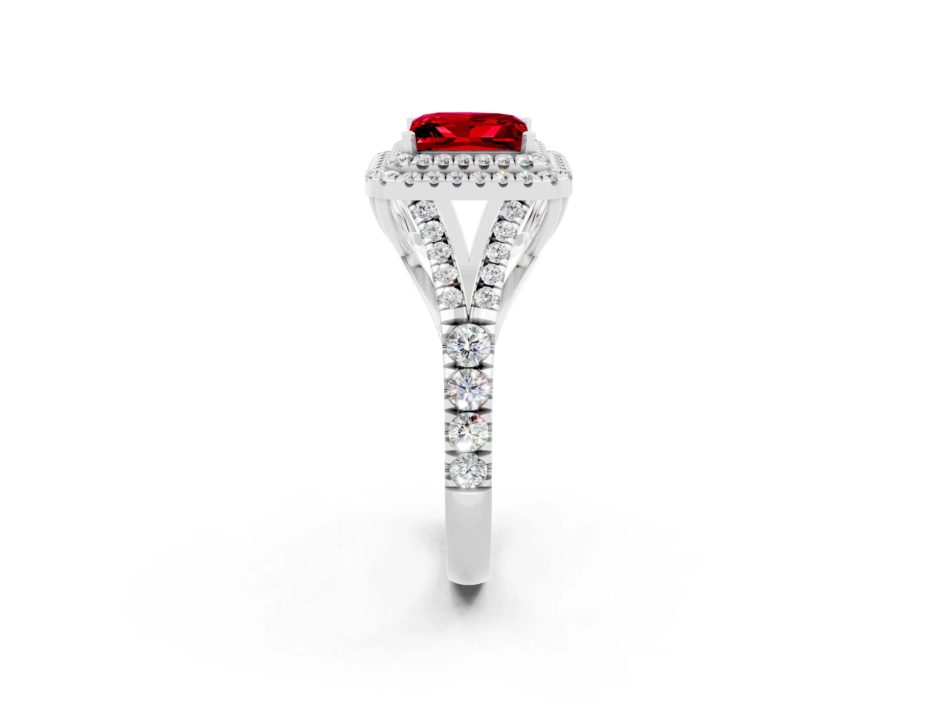 White gold Double Halo Princess Cut Ruby Split Shank Engagement Ring with Four-Prong Setting_2