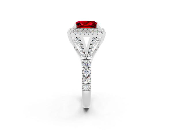 Silver Double Halo Princess Cut Ruby Split Shank Engagement Ring with Four-Prong Setting