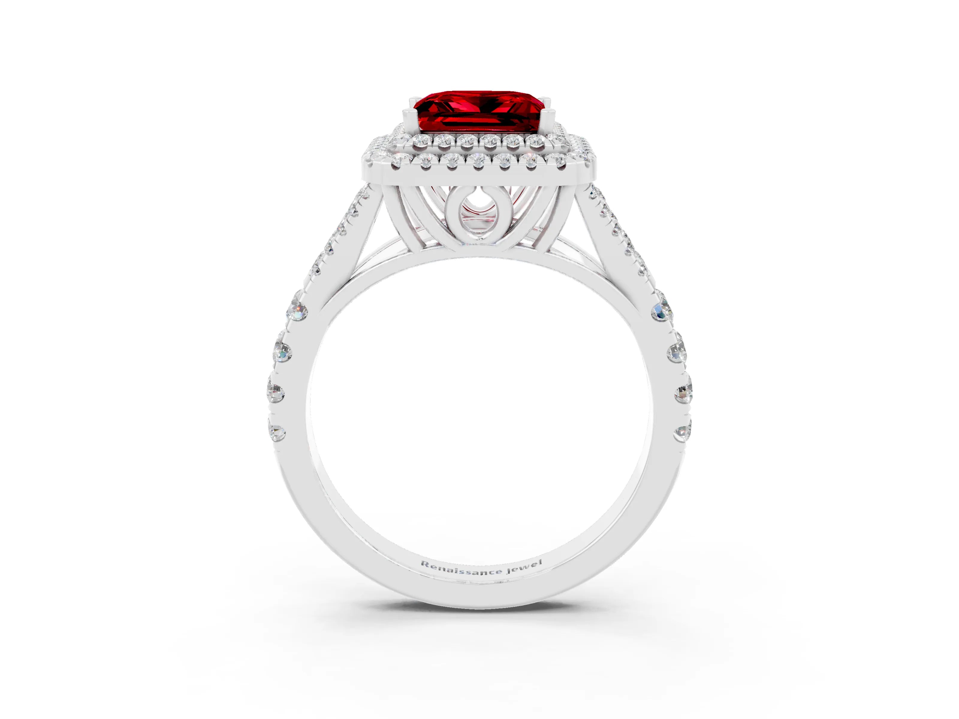 White gold Double Halo Princess Cut Ruby Split Shank Engagement Ring with Four-Prong Setting_3