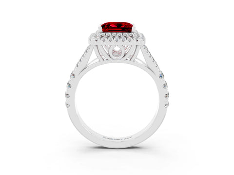 White gold Double Halo Princess Cut Ruby Split Shank Engagement Ring with Four-Prong Setting_3