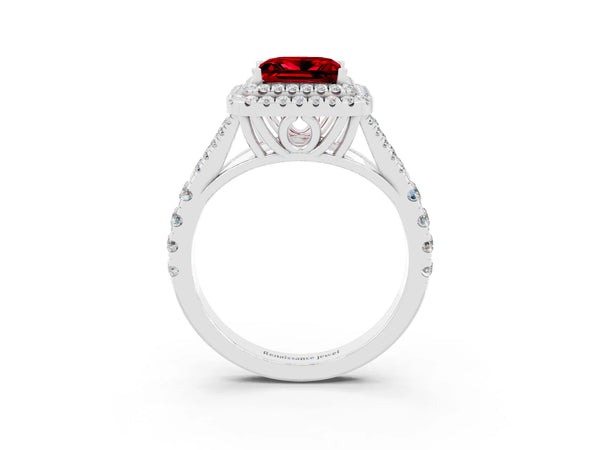 Silver Double Halo Princess Cut Ruby Split Shank Engagement Ring with Four-Prong Setting