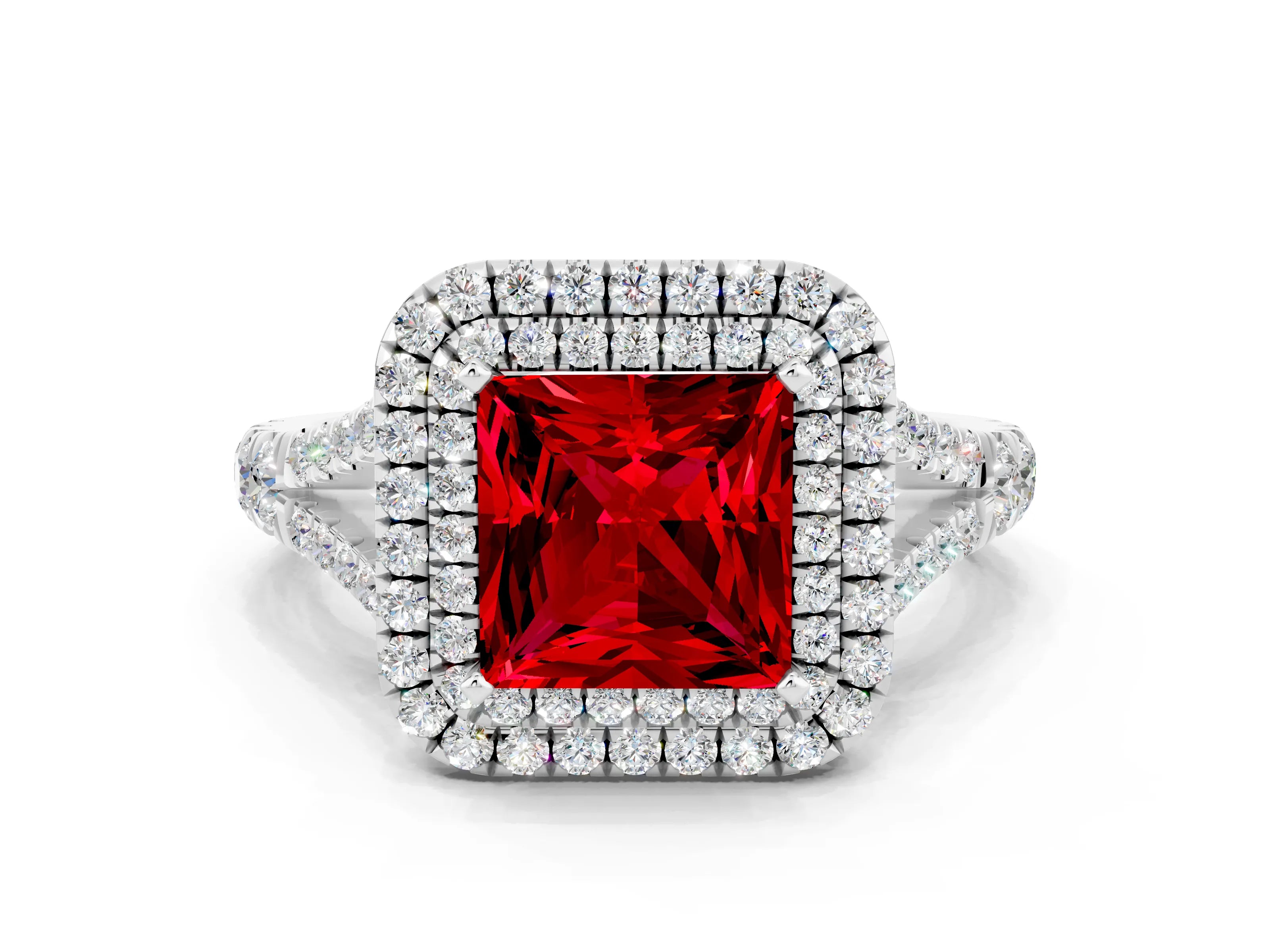 White gold Double Halo Princess Cut Ruby Split Shank Engagement Ring with Four-Prong Setting