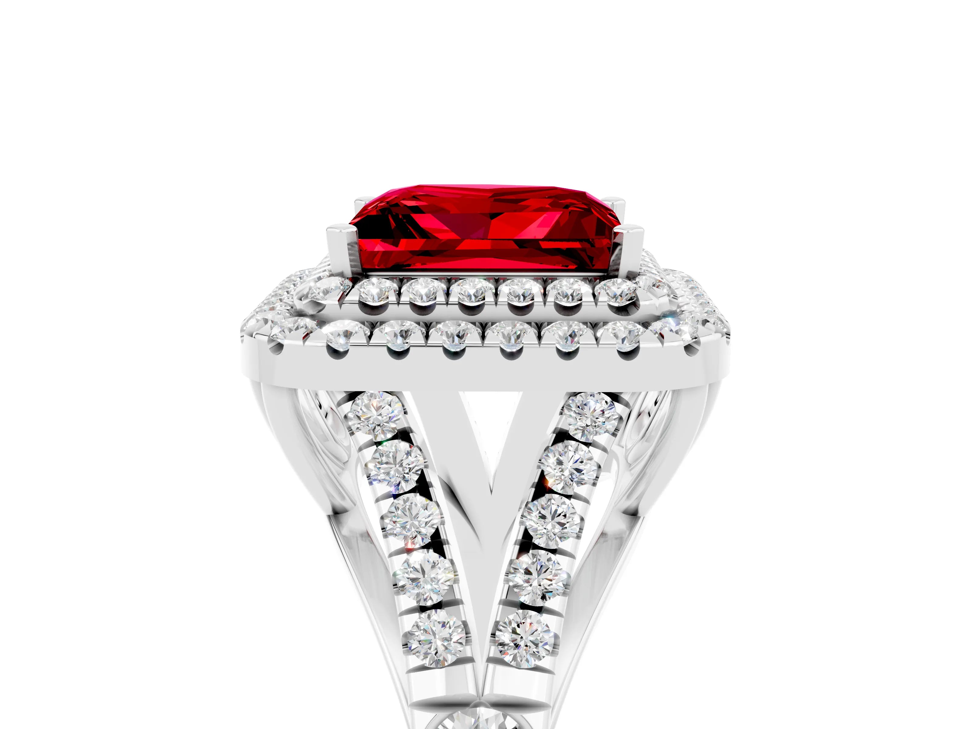 White gold Double Halo Princess Cut Ruby Split Shank Engagement Ring with Four-Prong Setting_5