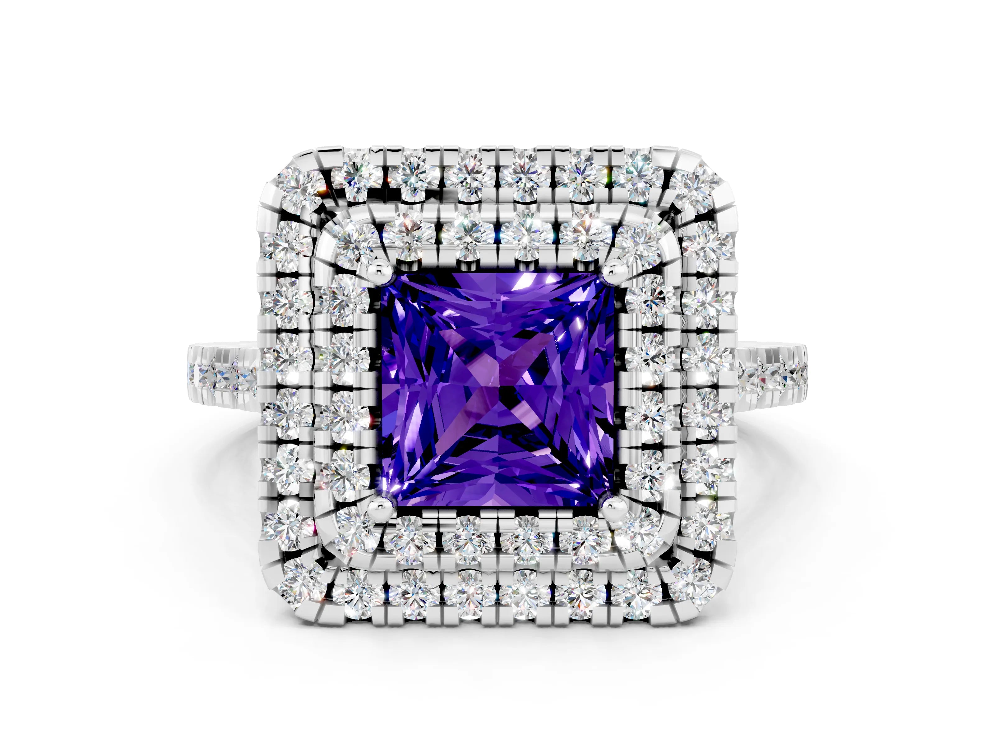 White gold Double Halo Princess Cut Tanzanite Pavé Band with Four-Prong Setting