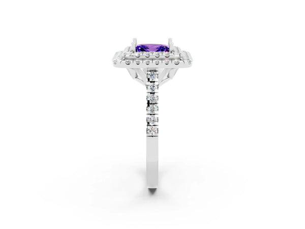 White gold Double Halo Princess Cut Tanzanite Pavé Band with Four-Prong Setting