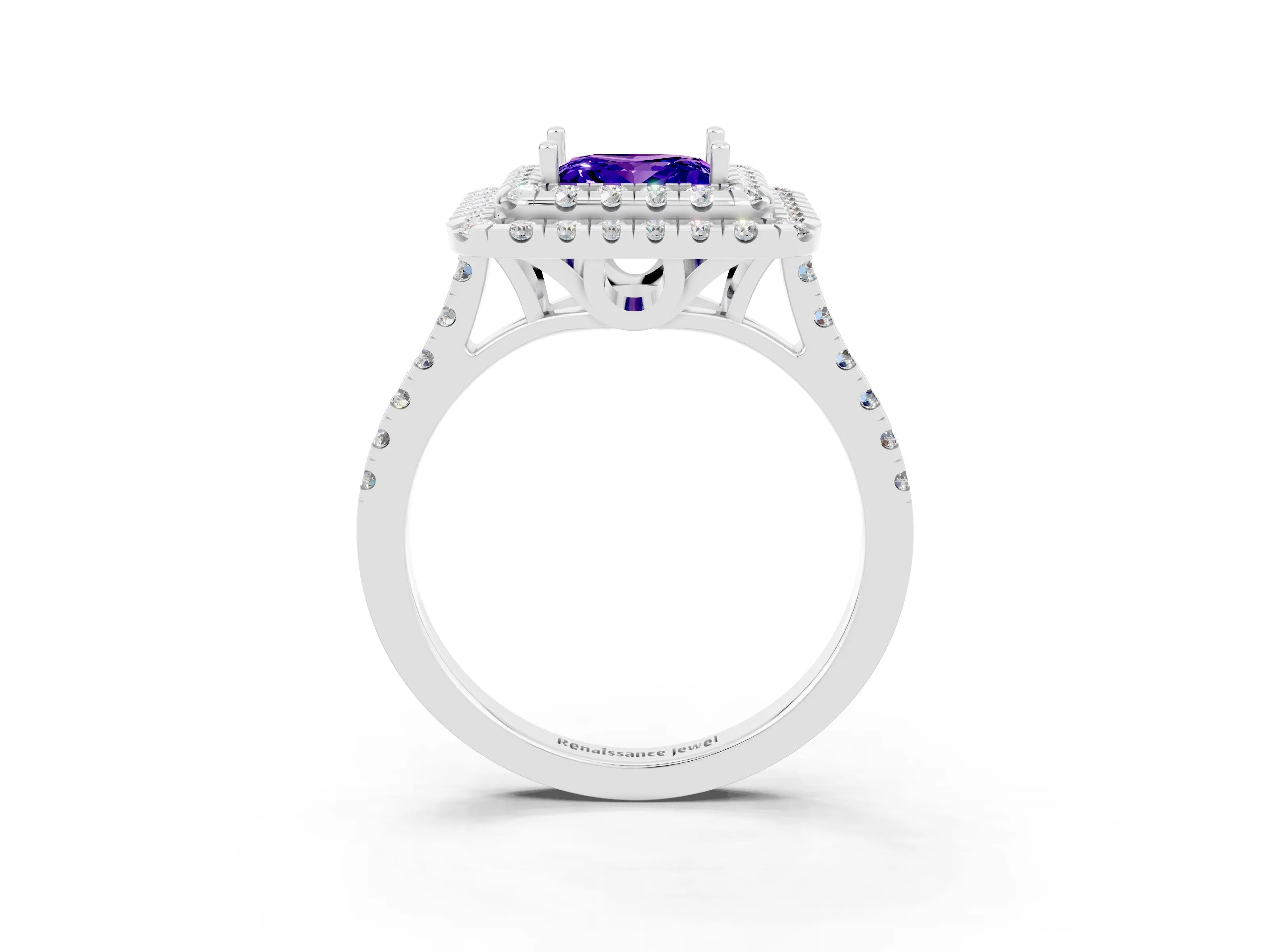 White gold Double Halo Princess Cut Tanzanite Pavé Band with Four-Prong Setting_3
