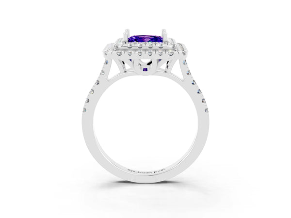 Silver Double Halo Princess Cut Tanzanite Pavé Band with Four-Prong Setting