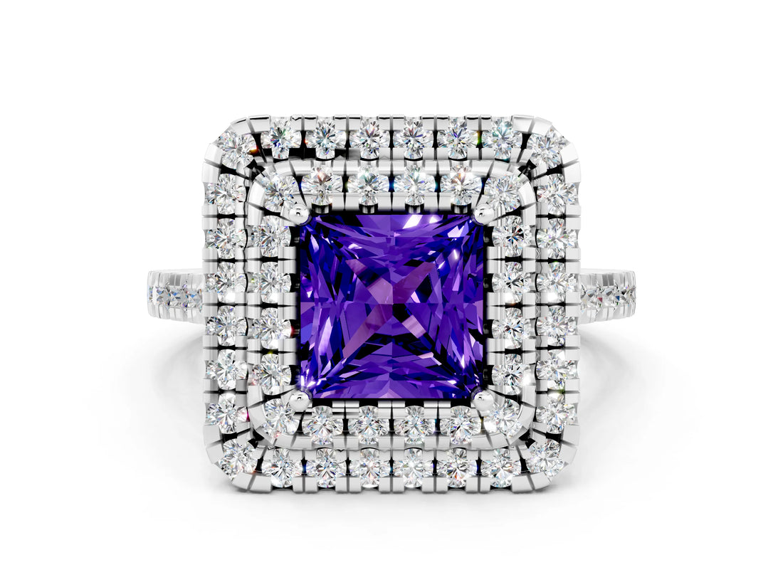 White gold Double Halo Princess Cut Tanzanite Pavé Band with Four-Prong Setting