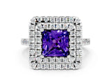 White gold Double Halo Princess Cut Tanzanite Pavé Band with Four-Prong Setting