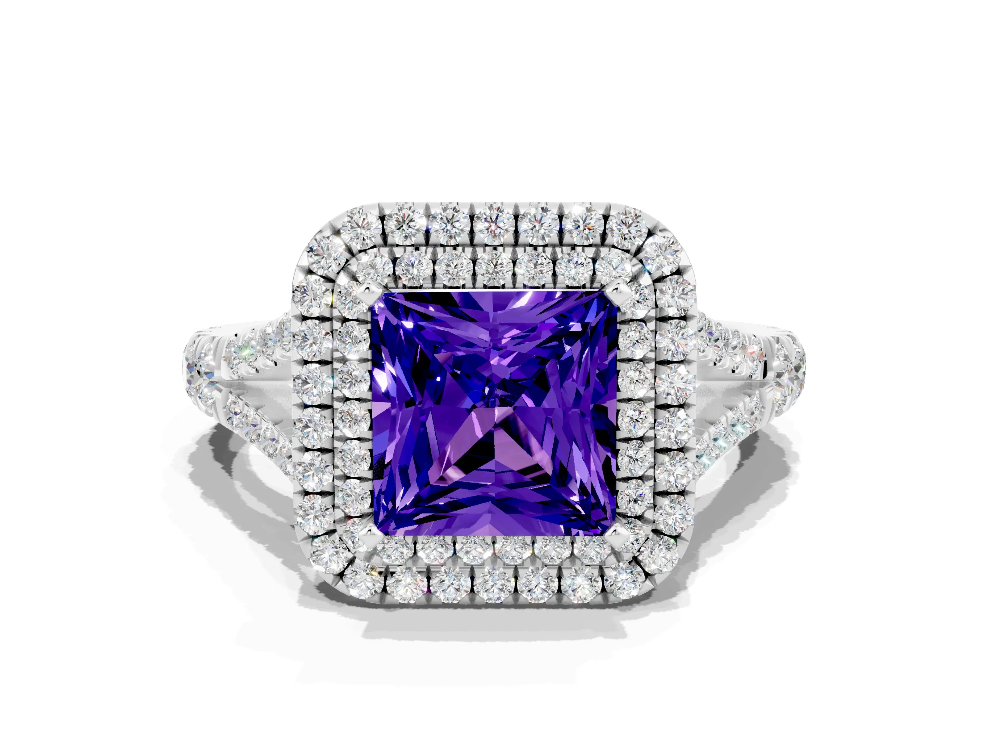 White gold Double Halo Princess Cut Tanzanite Pavé Split Shank Ring with Prong Setting