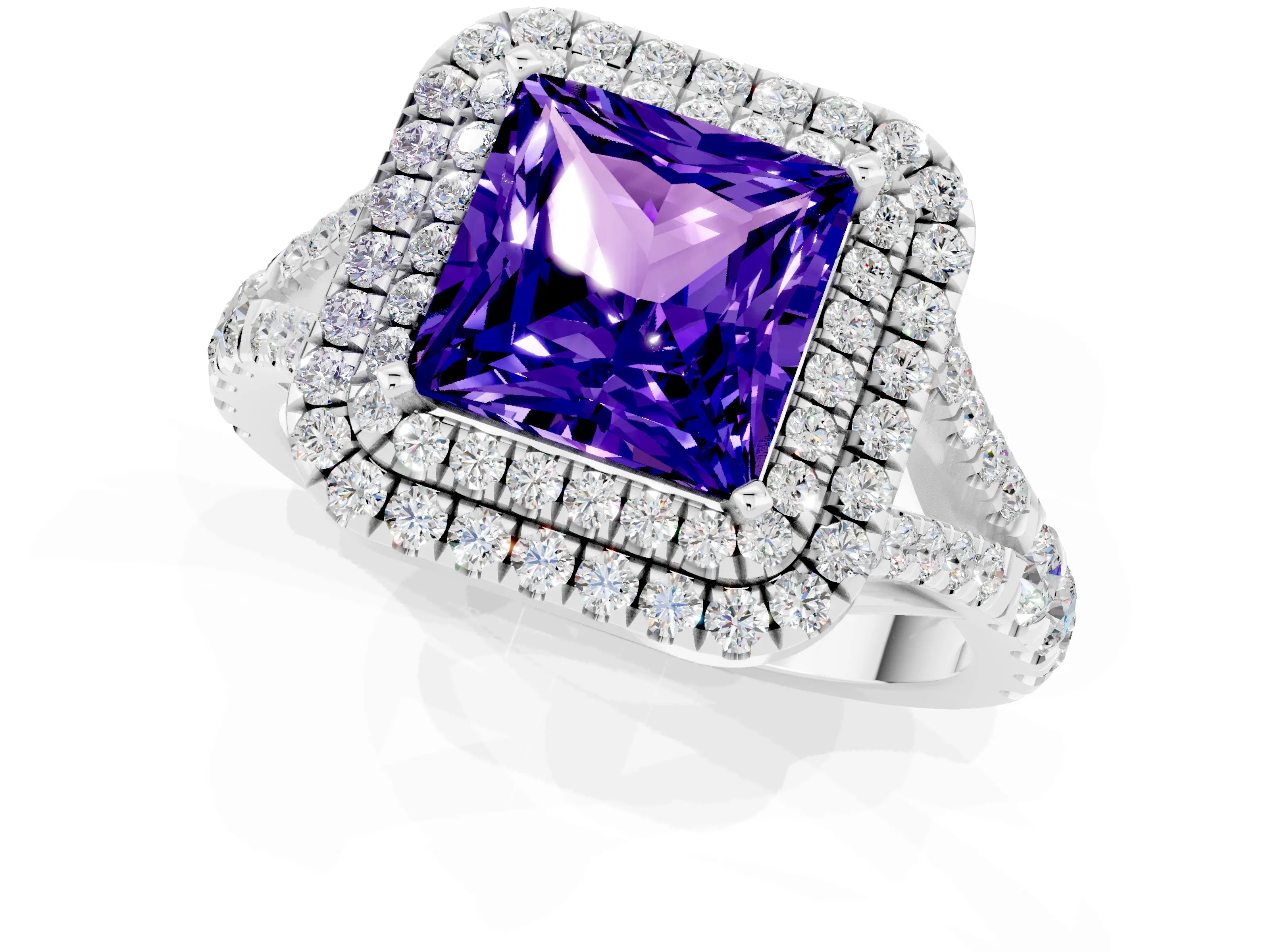 White gold Double Halo Princess Cut Tanzanite Pavé Split Shank Ring with Prong Setting_1