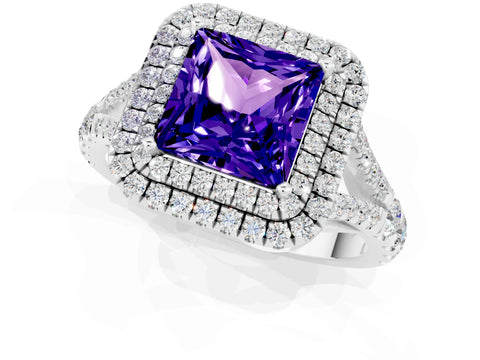 White gold Double Halo Princess Cut Tanzanite Pavé Split Shank Ring with Prong Setting_1