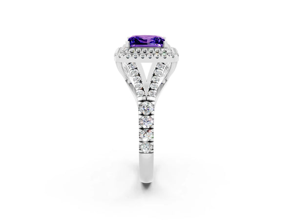 Silver Double Halo Princess Cut Tanzanite Pavé Split Shank Ring with Prong Setting