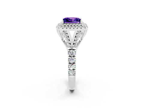 White gold Double Halo Princess Cut Tanzanite Pavé Split Shank Ring with Prong Setting_2
