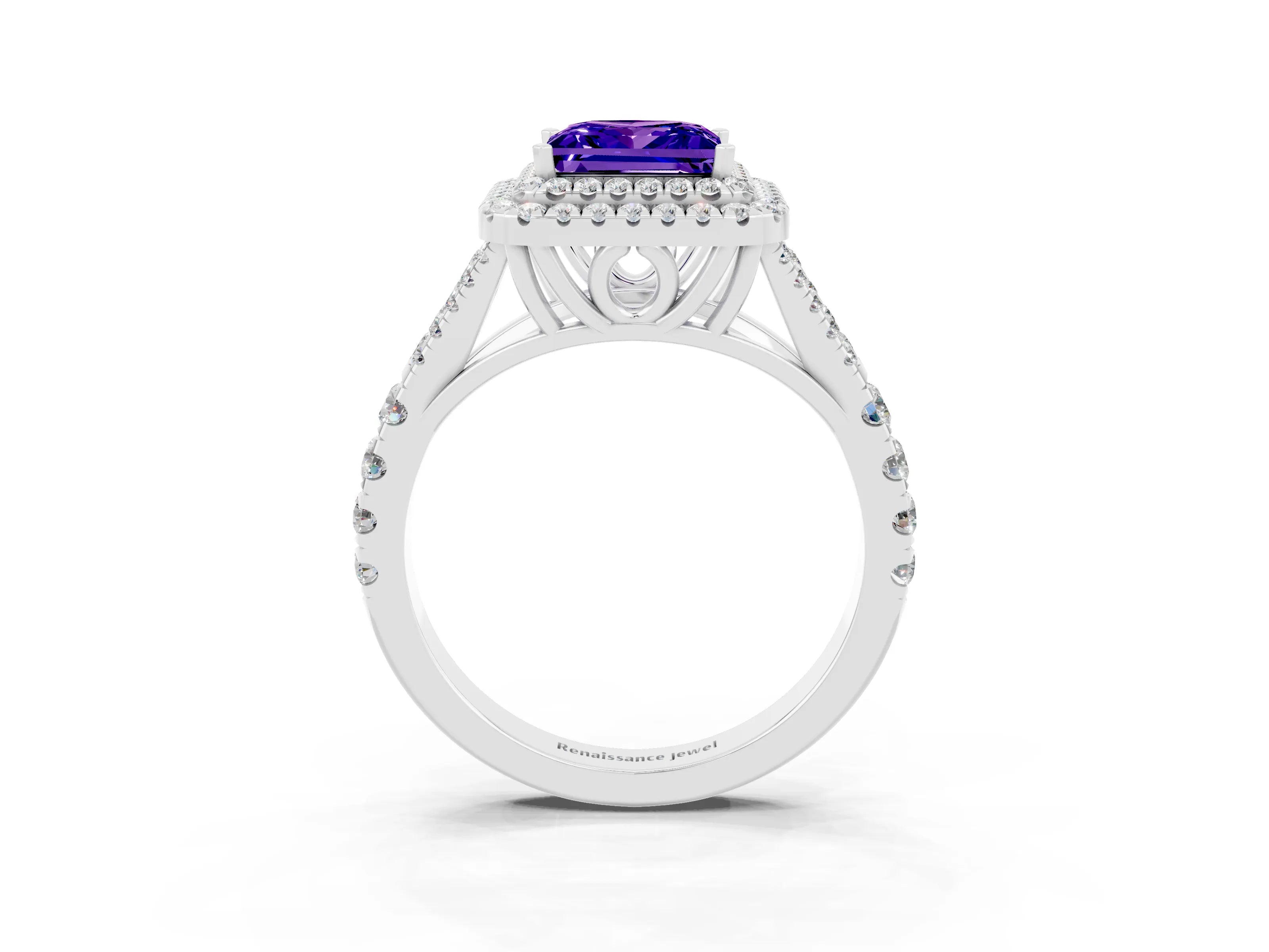 White gold Double Halo Princess Cut Tanzanite Pavé Split Shank Ring with Prong Setting_3