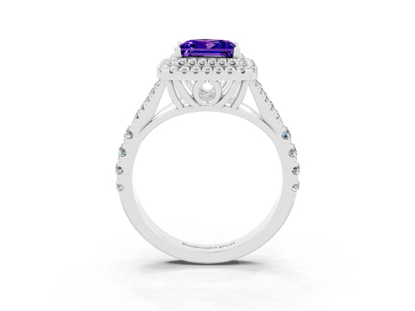 Silver Double Halo Princess Cut Tanzanite Pavé Split Shank Ring with Prong Setting