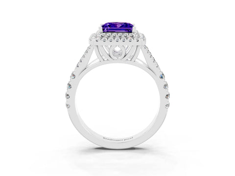 White gold Double Halo Princess Cut Tanzanite Pavé Split Shank Ring with Prong Setting_3