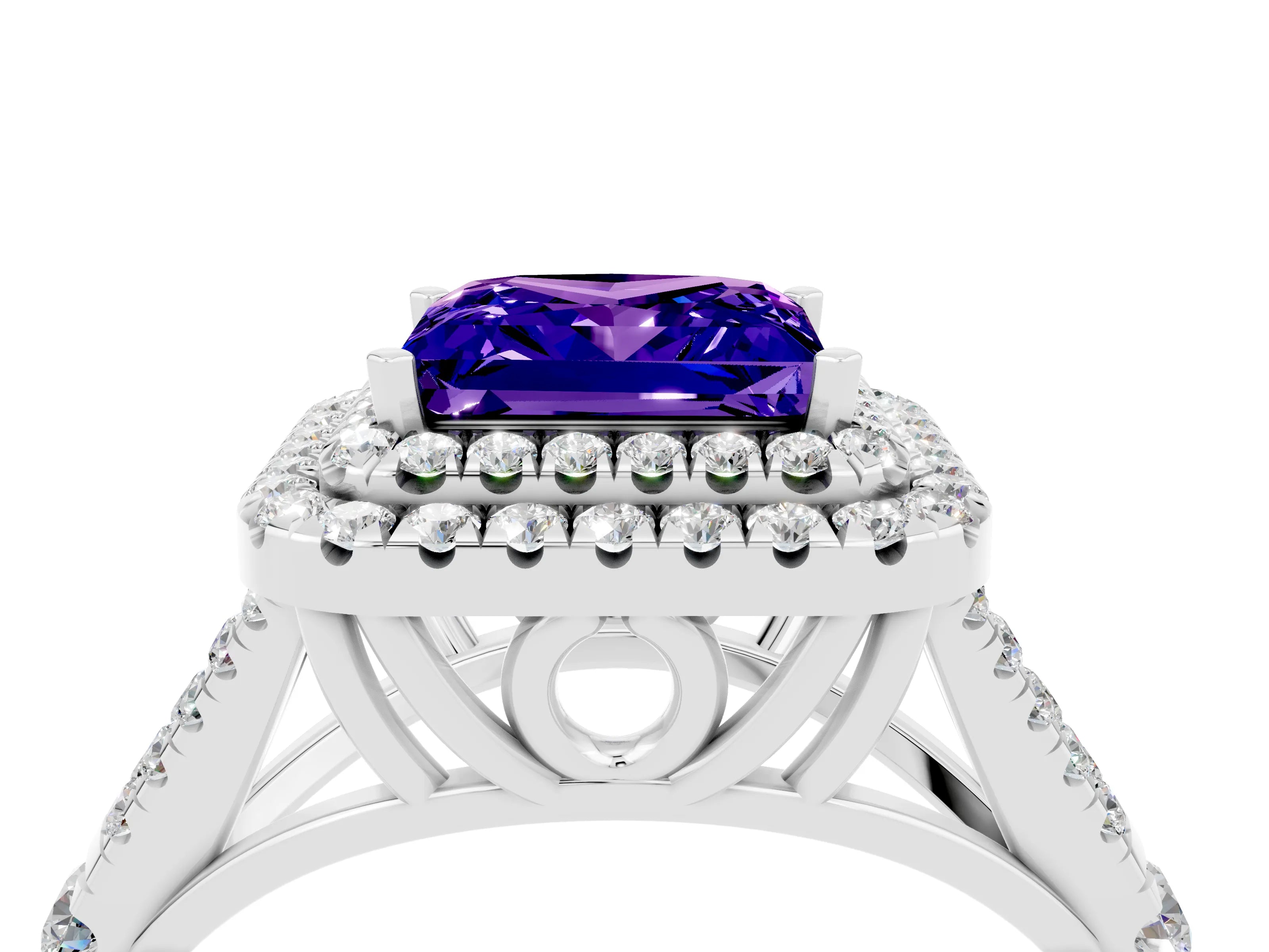 White gold Double Halo Princess Cut Tanzanite Pavé Split Shank Ring with Prong Setting_4