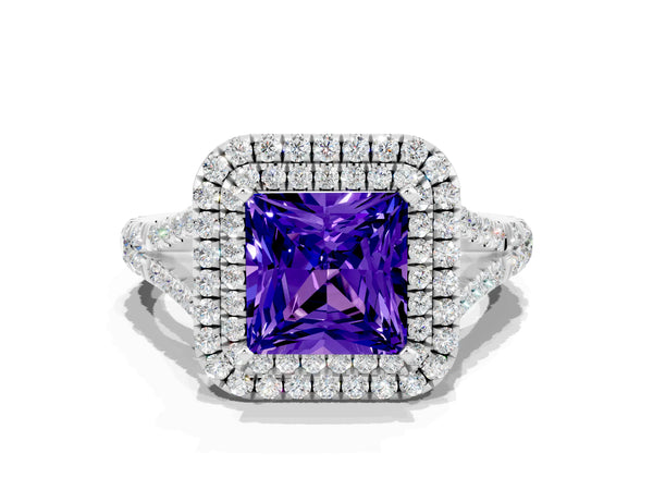 White gold Double Halo Princess Cut Tanzanite Pavé Split Shank Ring with Prong Setting