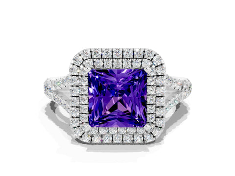 White gold Double Halo Princess Cut Tanzanite Pavé Split Shank Ring with Prong Setting