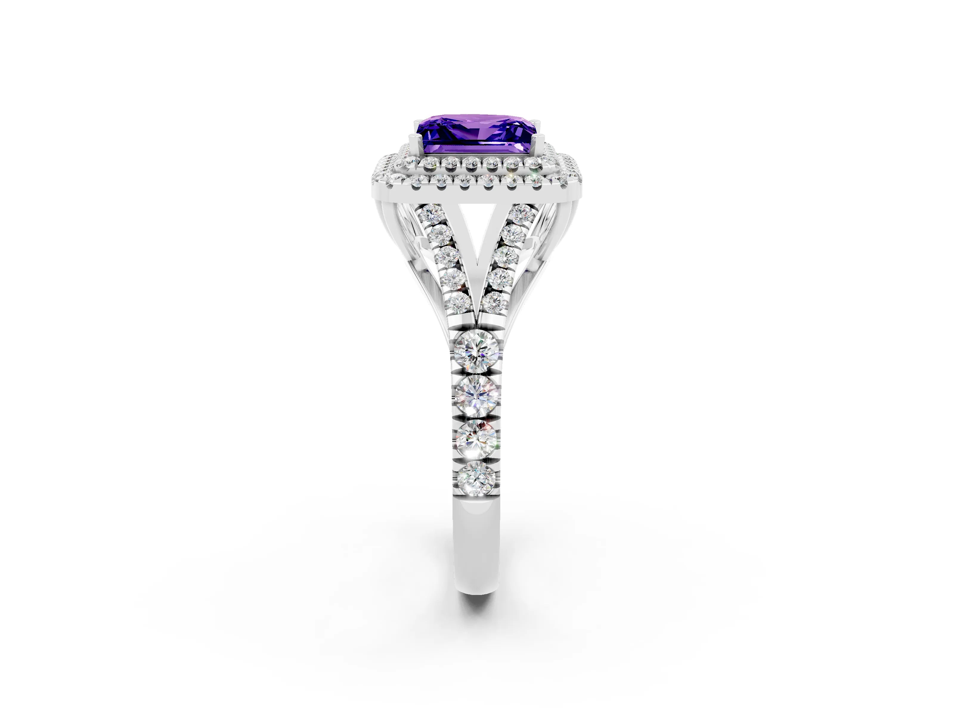 White gold Double Halo Princess Cut Tanzanite Split Shank Engagement Ring with Four-Prong Setting_2