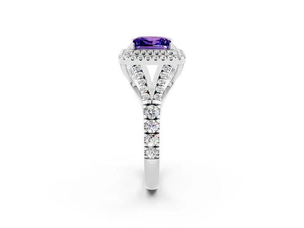 White gold Double Halo Princess Cut Tanzanite Split Shank Engagement Ring with Four-Prong Setting