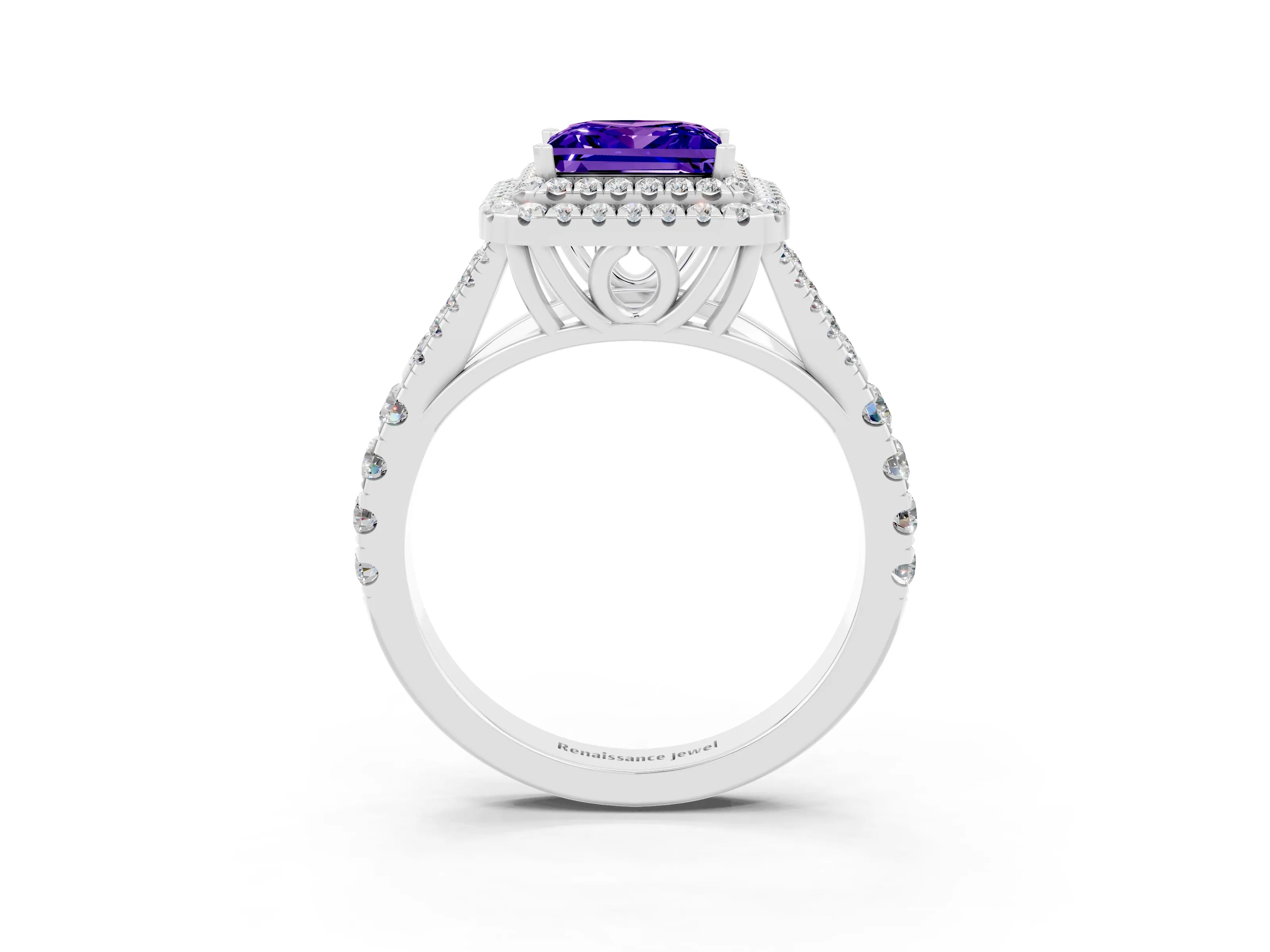 White gold Double Halo Princess Cut Tanzanite Split Shank Engagement Ring with Four-Prong Setting_3