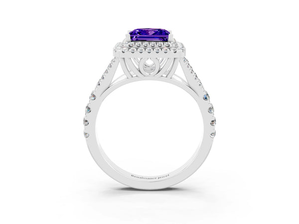 White gold Double Halo Princess Cut Tanzanite Split Shank Engagement Ring with Four-Prong Setting