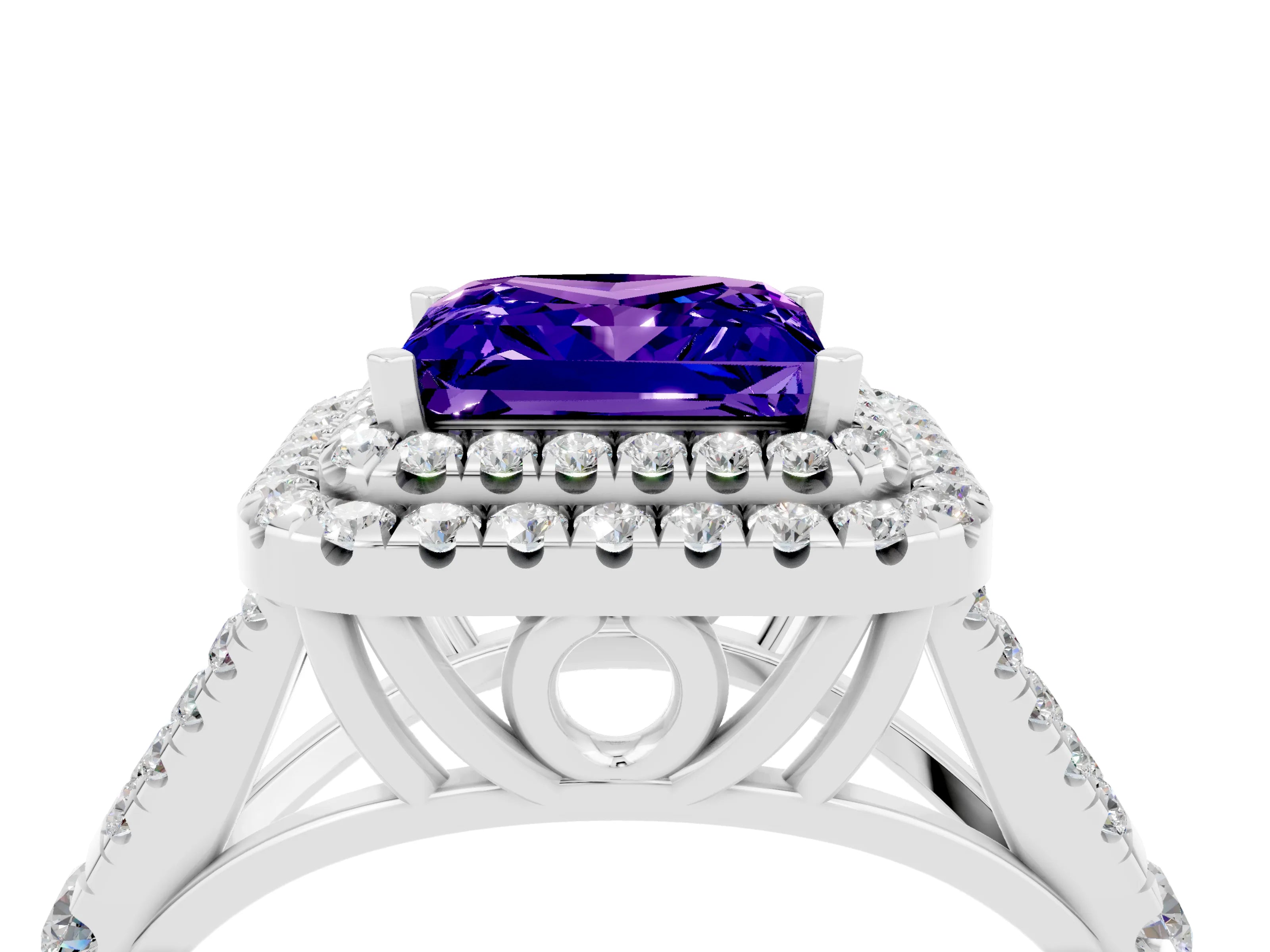 White gold Double Halo Princess Cut Tanzanite Split Shank Engagement Ring with Four-Prong Setting_4
