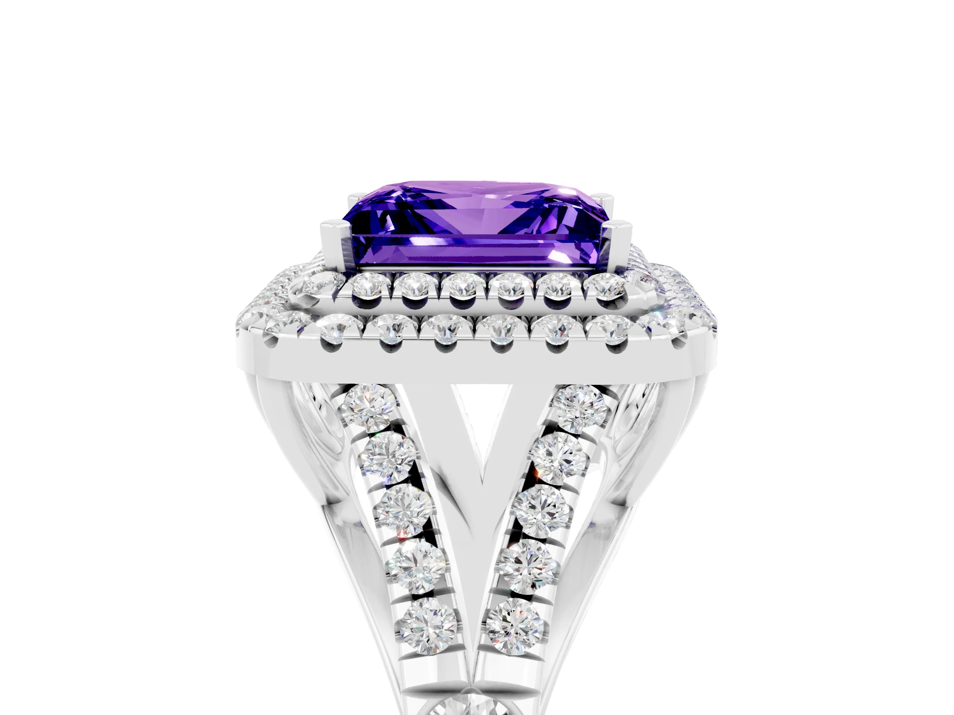 White gold Double Halo Princess Cut Tanzanite Split Shank Engagement Ring with Four-Prong Setting_5