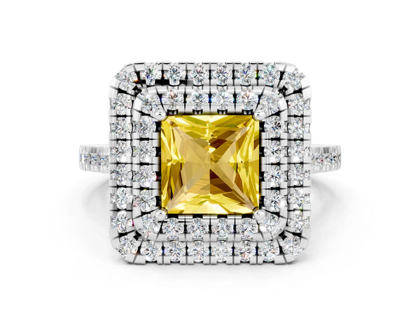 White gold Double Halo Princess Cut Yellow Sapphire Pavé Band with Four-Prong Setting