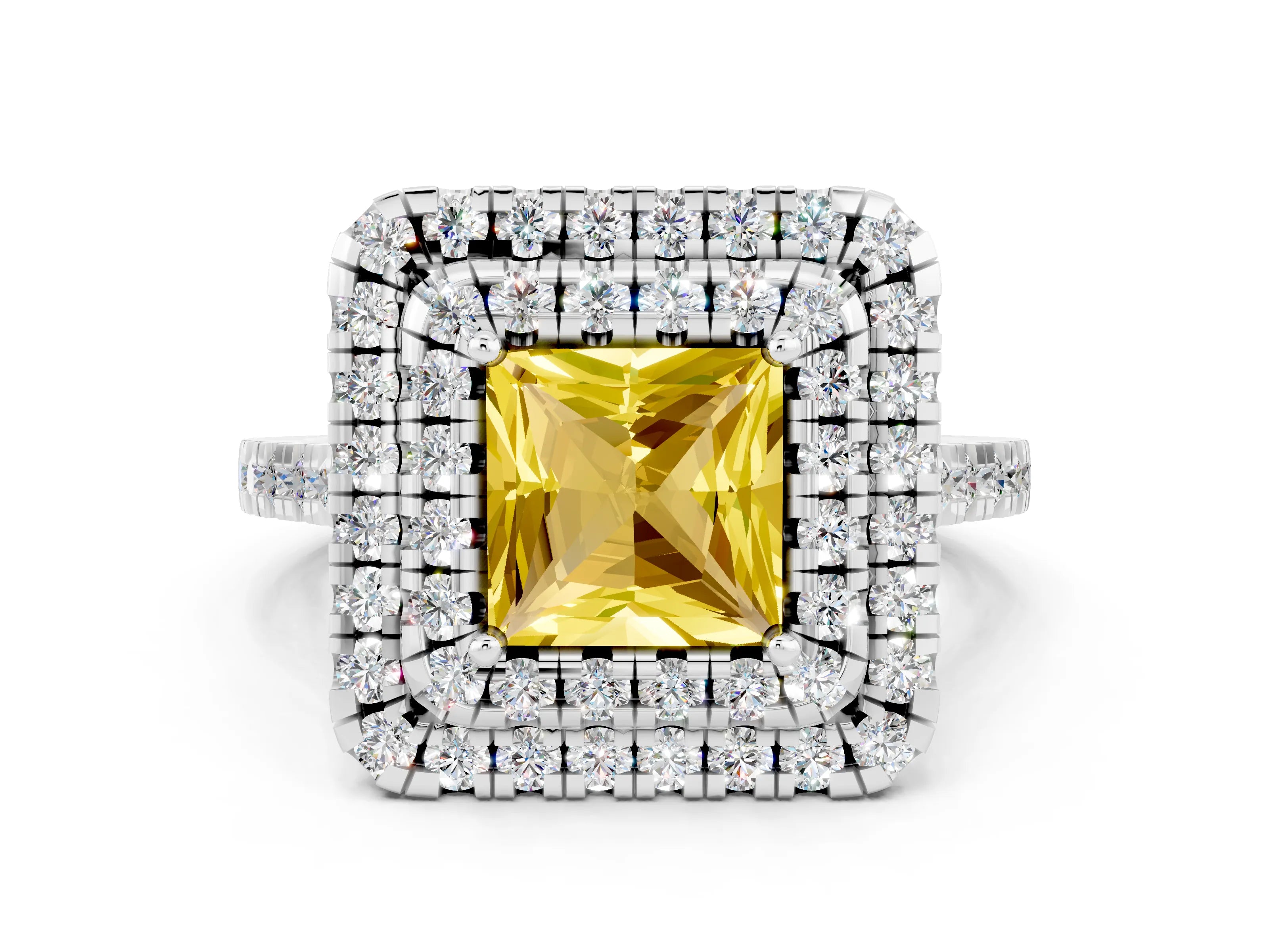 White gold Double Halo Princess Cut Yellow Sapphire Pavé Band with Four-Prong Setting_24