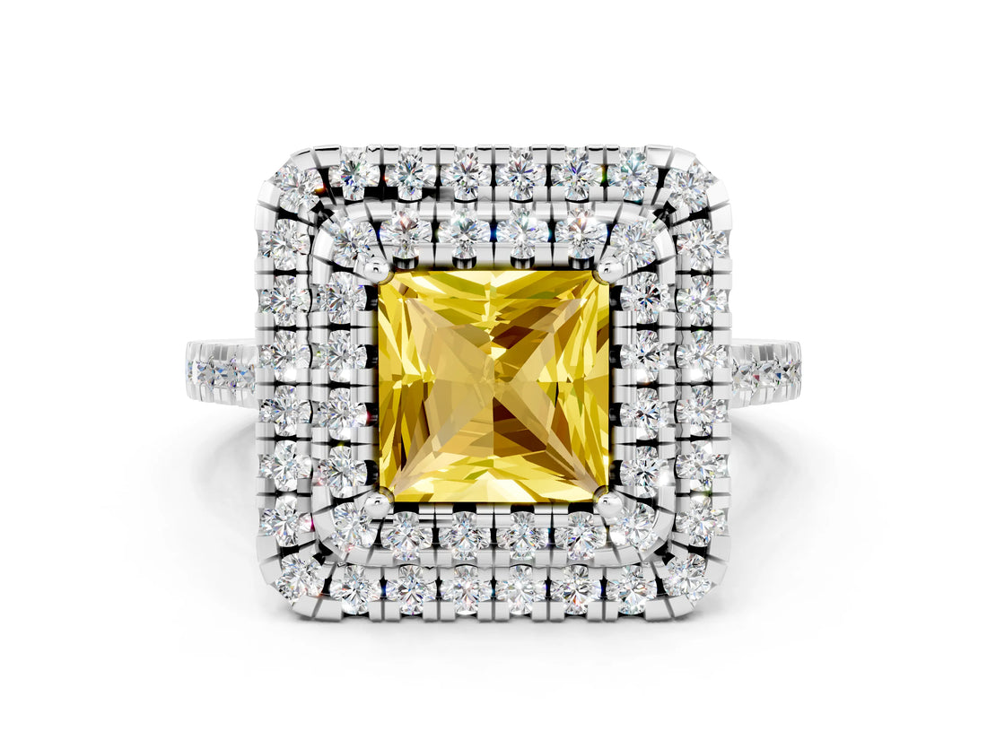 White gold Double Halo Princess Cut Yellow Sapphire Pavé Band with Four-Prong Setting_24