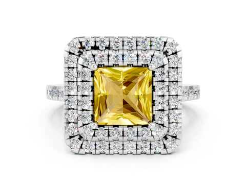 White gold Double Halo Princess Cut Yellow Sapphire Pavé Band with Four-Prong Setting_24