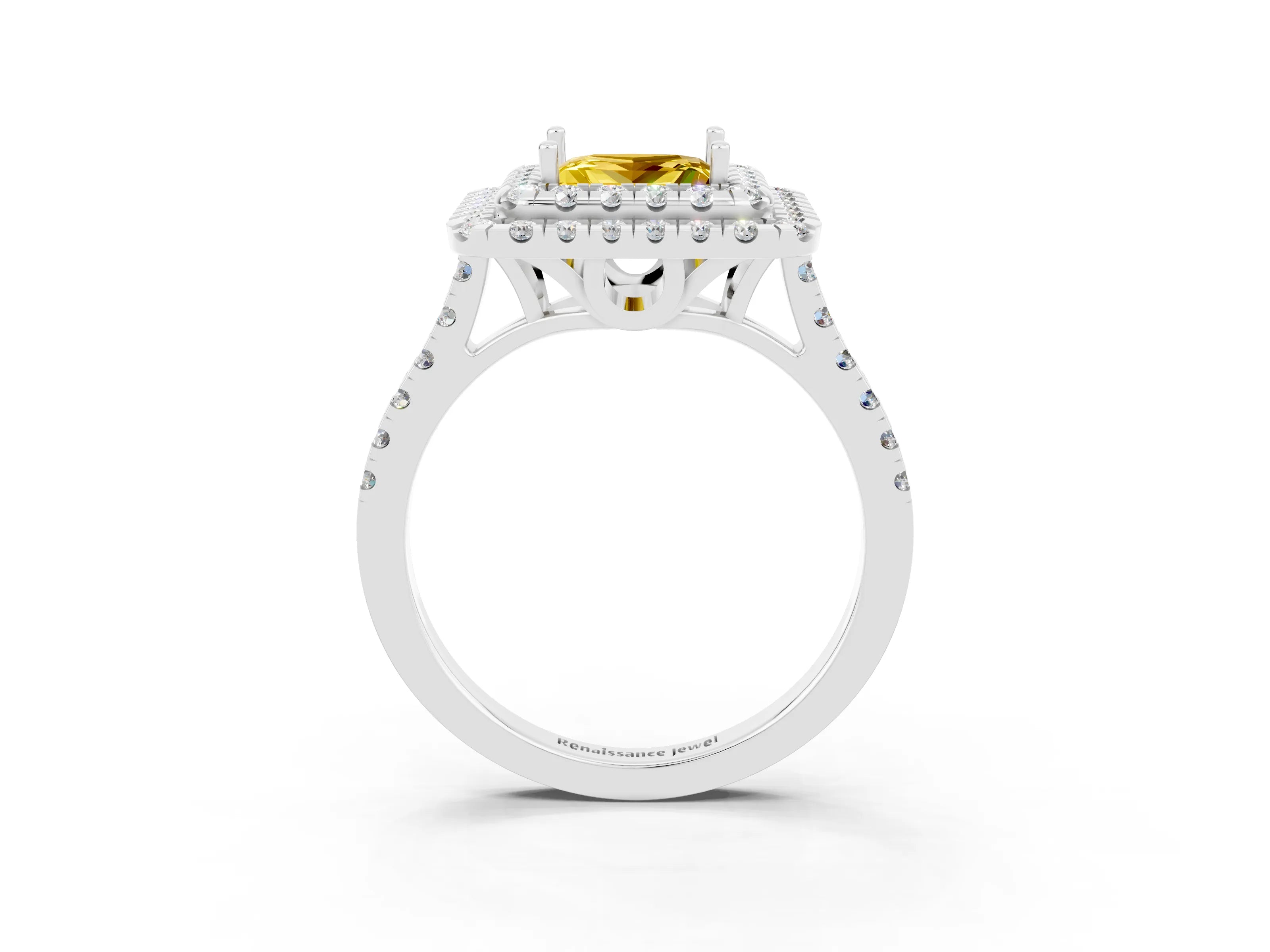 White gold Double Halo Princess Cut Yellow Sapphire Pavé Band with Four-Prong Setting_27