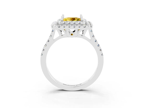 Silver Double Halo Princess Cut Yellow Sapphire Pavé Band with Four-Prong Setting