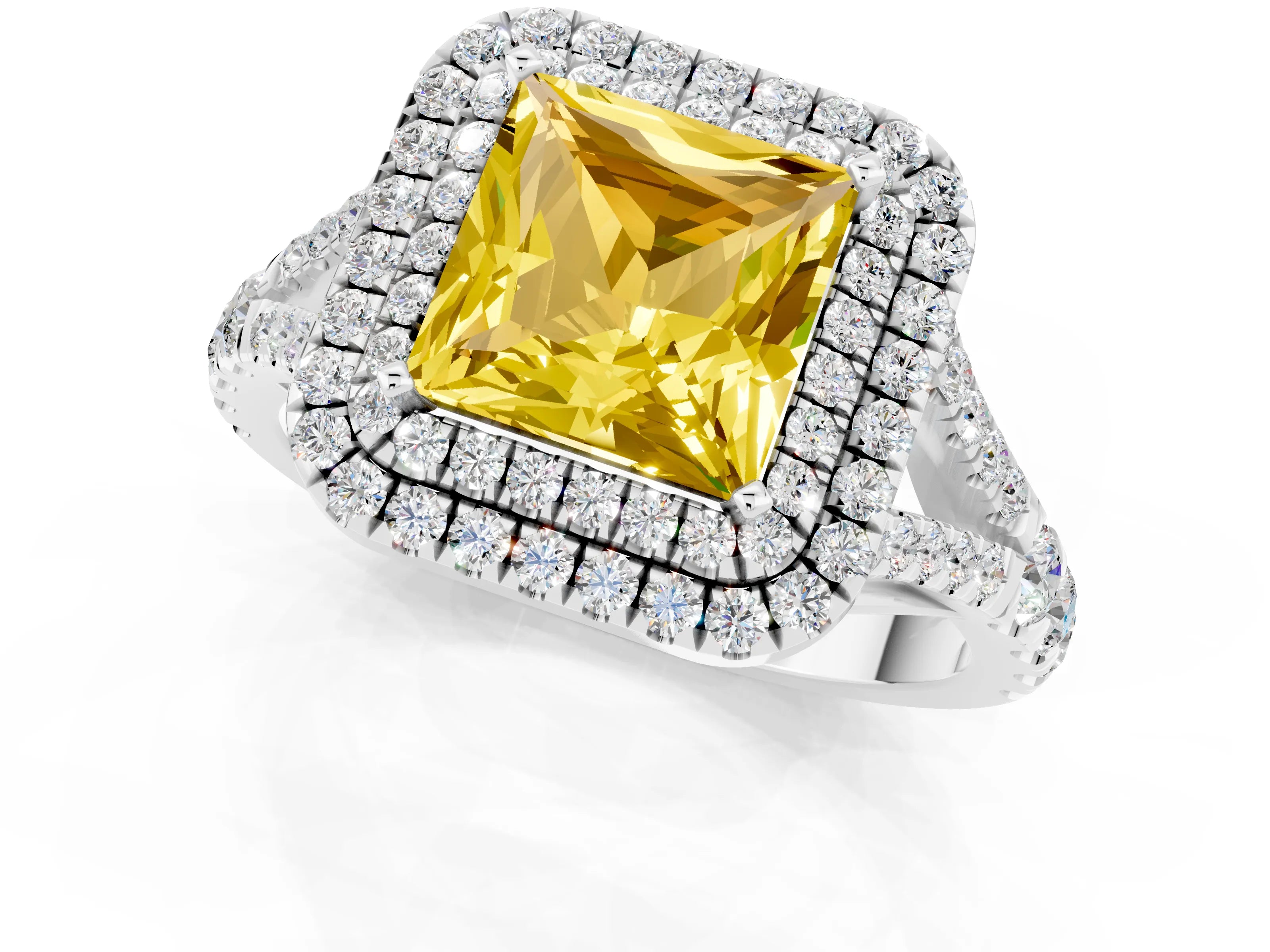 White gold Double Halo Princess Cut Yellow Sapphire Pavé Split Shank Ring with Prong Setting_1