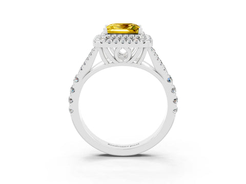 White gold Double Halo Princess Cut Yellow Sapphire Pavé Split Shank Ring with Prong Setting_3