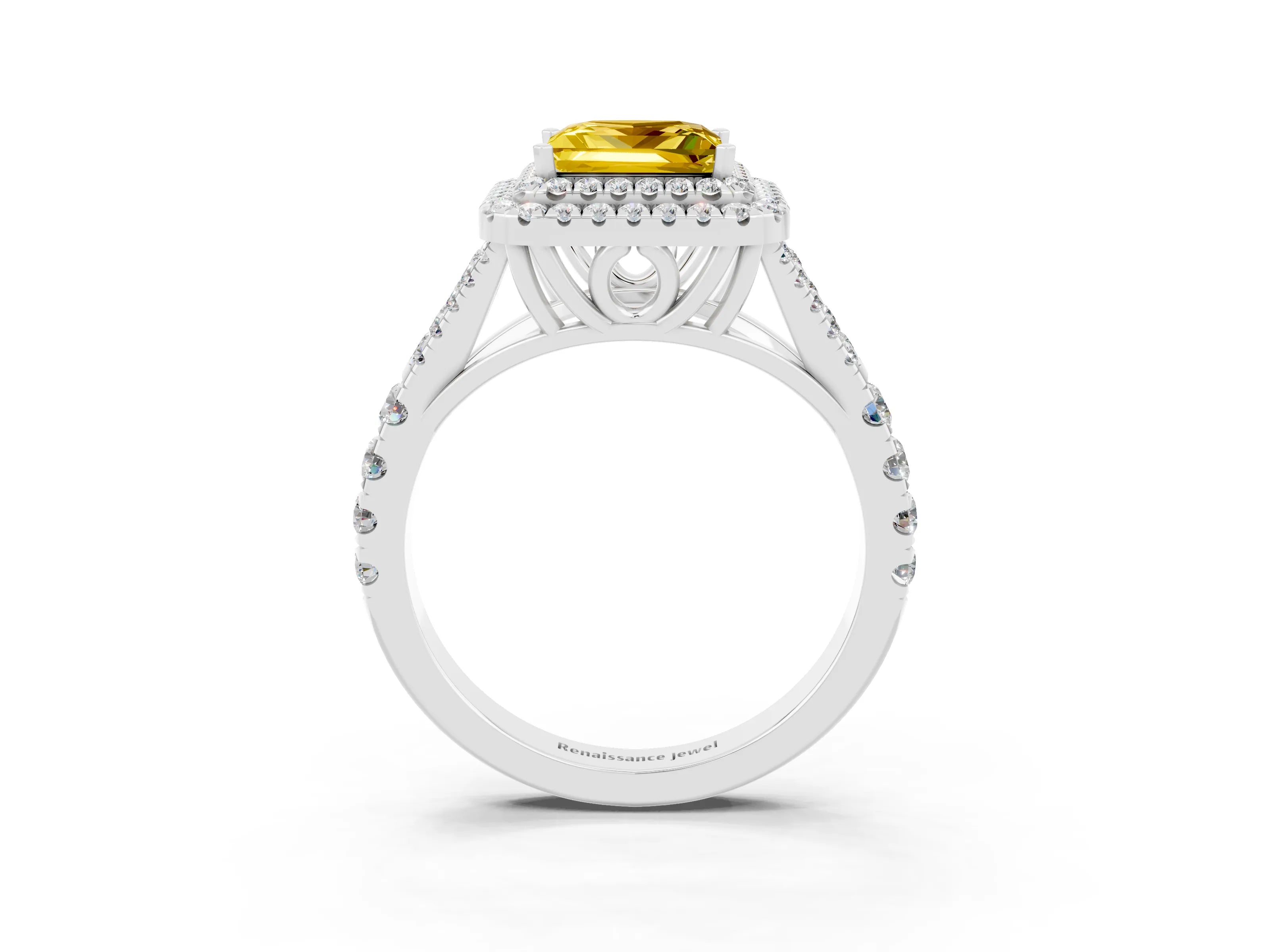 White gold Double Halo Princess Cut Yellow Sapphire Pavé Split Shank Ring with Prong Setting_3
