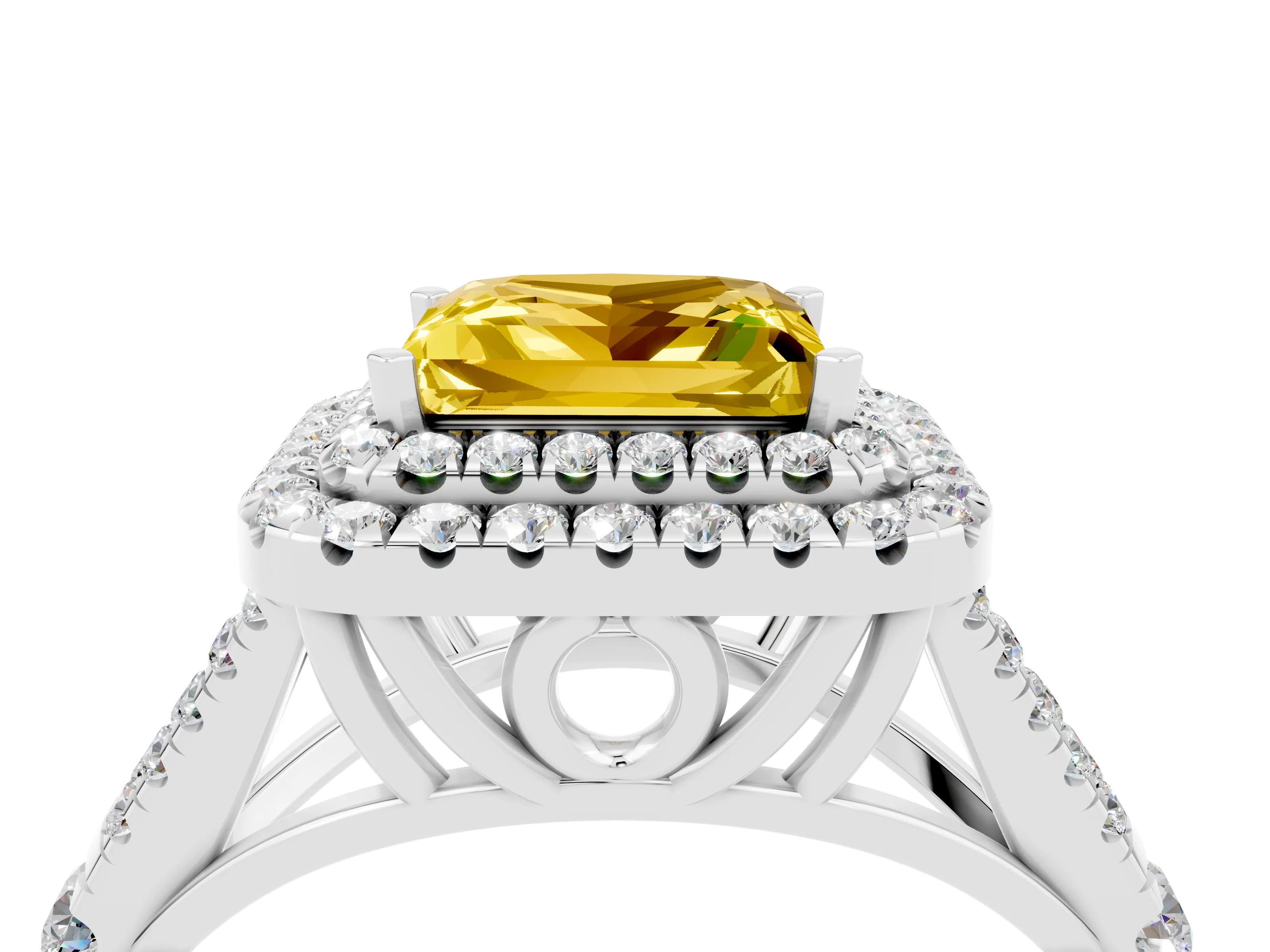 White gold Double Halo Princess Cut Yellow Sapphire Pavé Split Shank Ring with Prong Setting_4