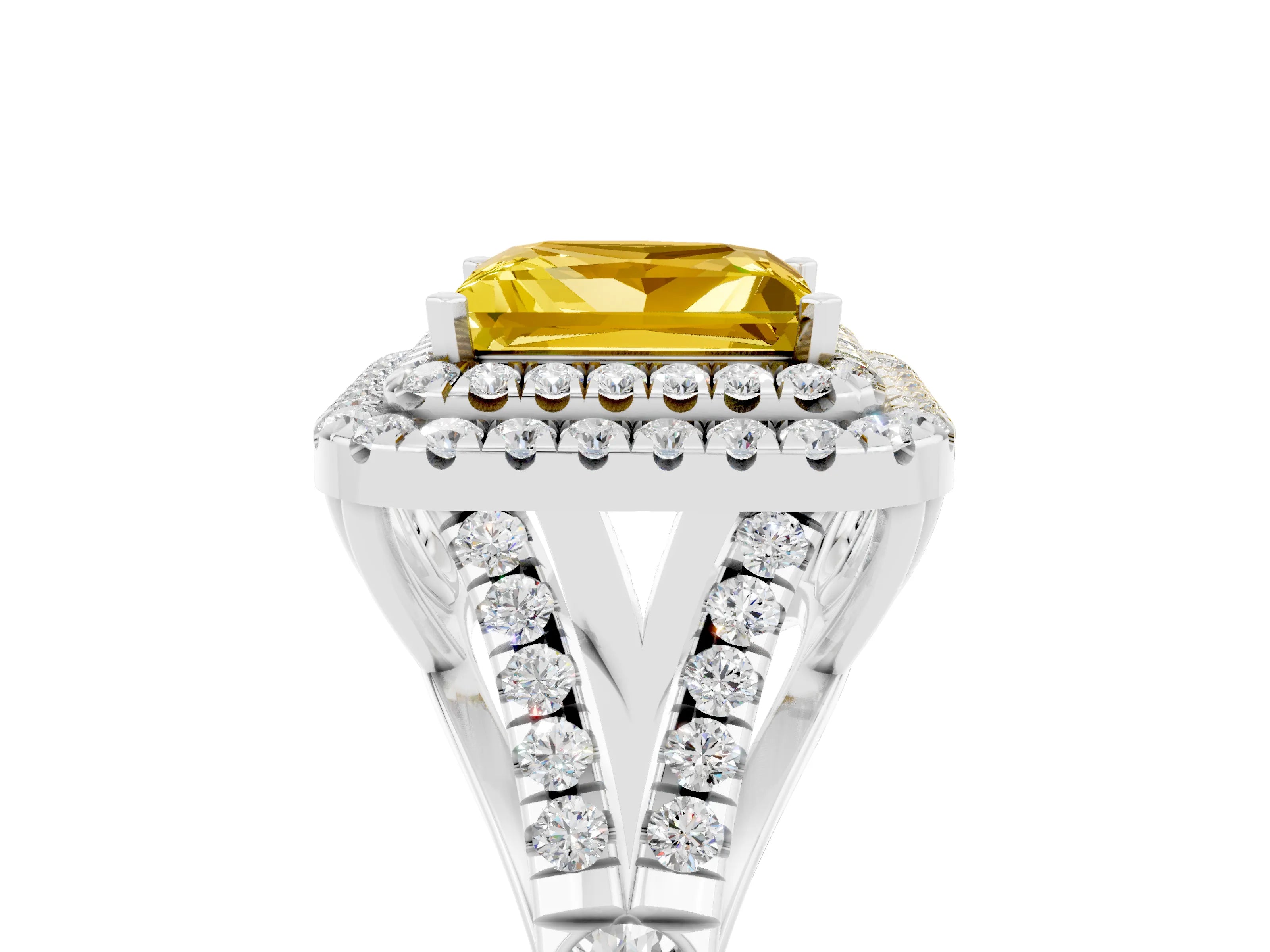 White gold Double Halo Princess Cut Yellow Sapphire Pavé Split Shank Ring with Prong Setting_5