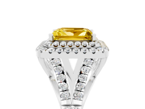White gold Double Halo Princess Cut Yellow Sapphire Pavé Split Shank Ring with Prong Setting_5
