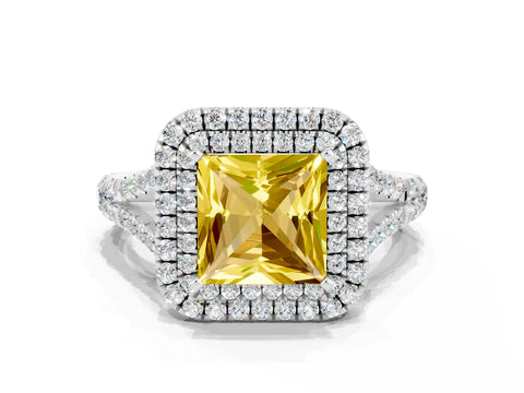 White gold Double Halo Princess Cut Yellow Sapphire Pavé Split Shank Ring with Prong Setting