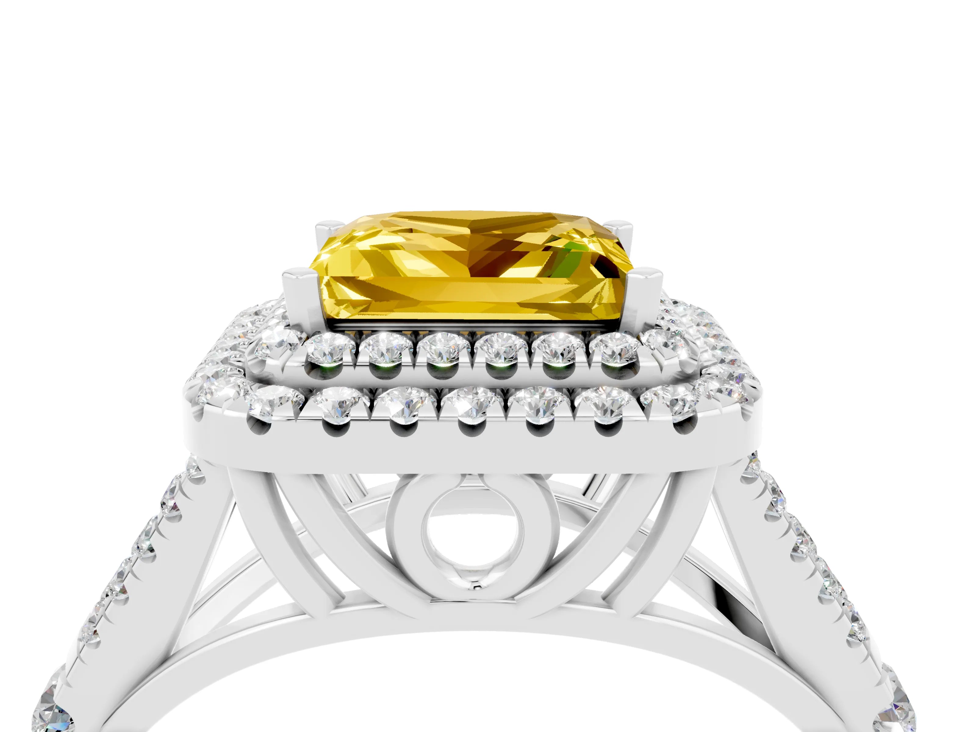 White gold Double Halo Princess Cut Yellow Sapphire Split Shank Engagement Ring with Four-Prong Setting_4