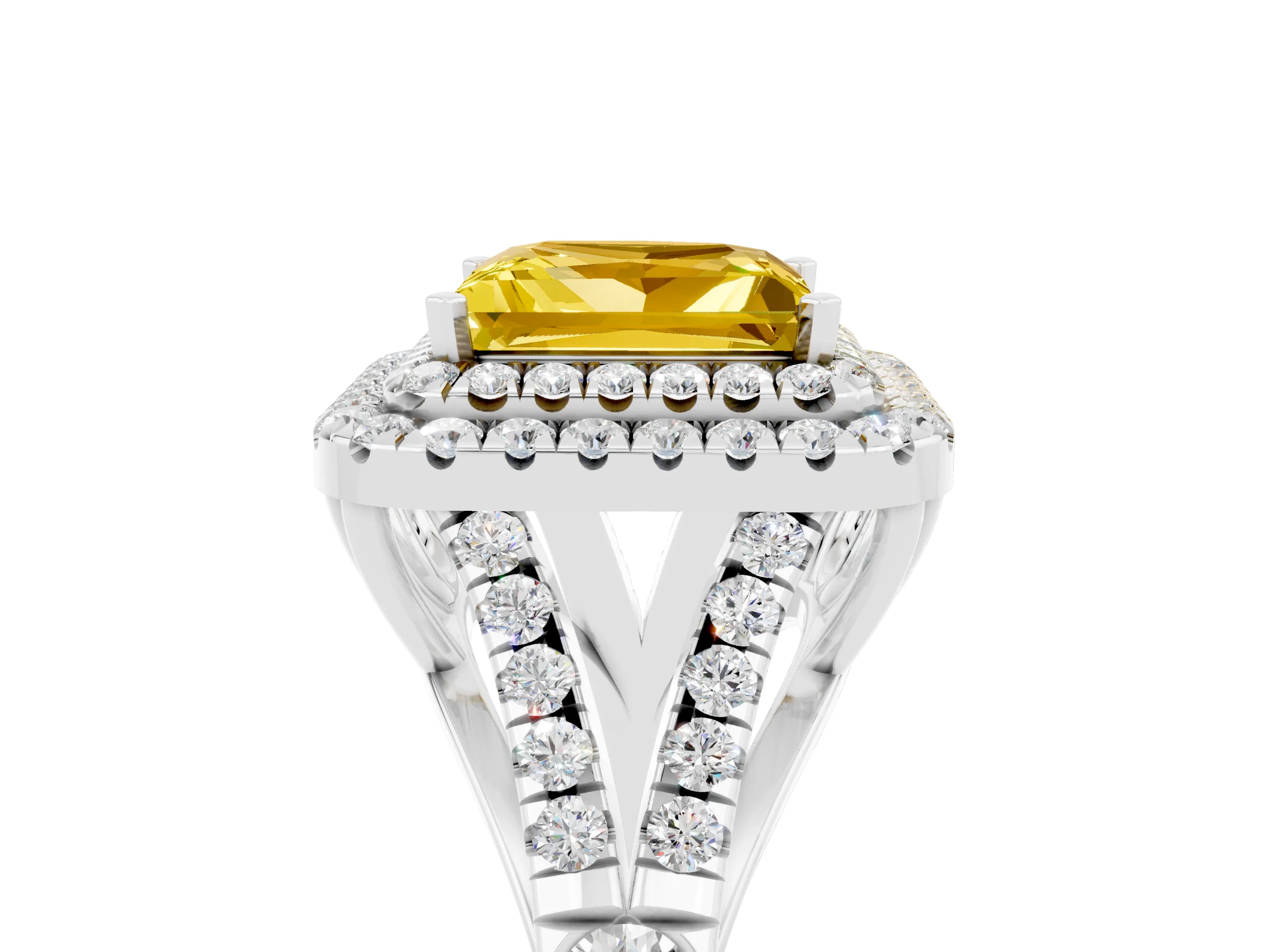 White gold Double Halo Princess Cut Yellow Sapphire Split Shank Engagement Ring with Four-Prong Setting_5