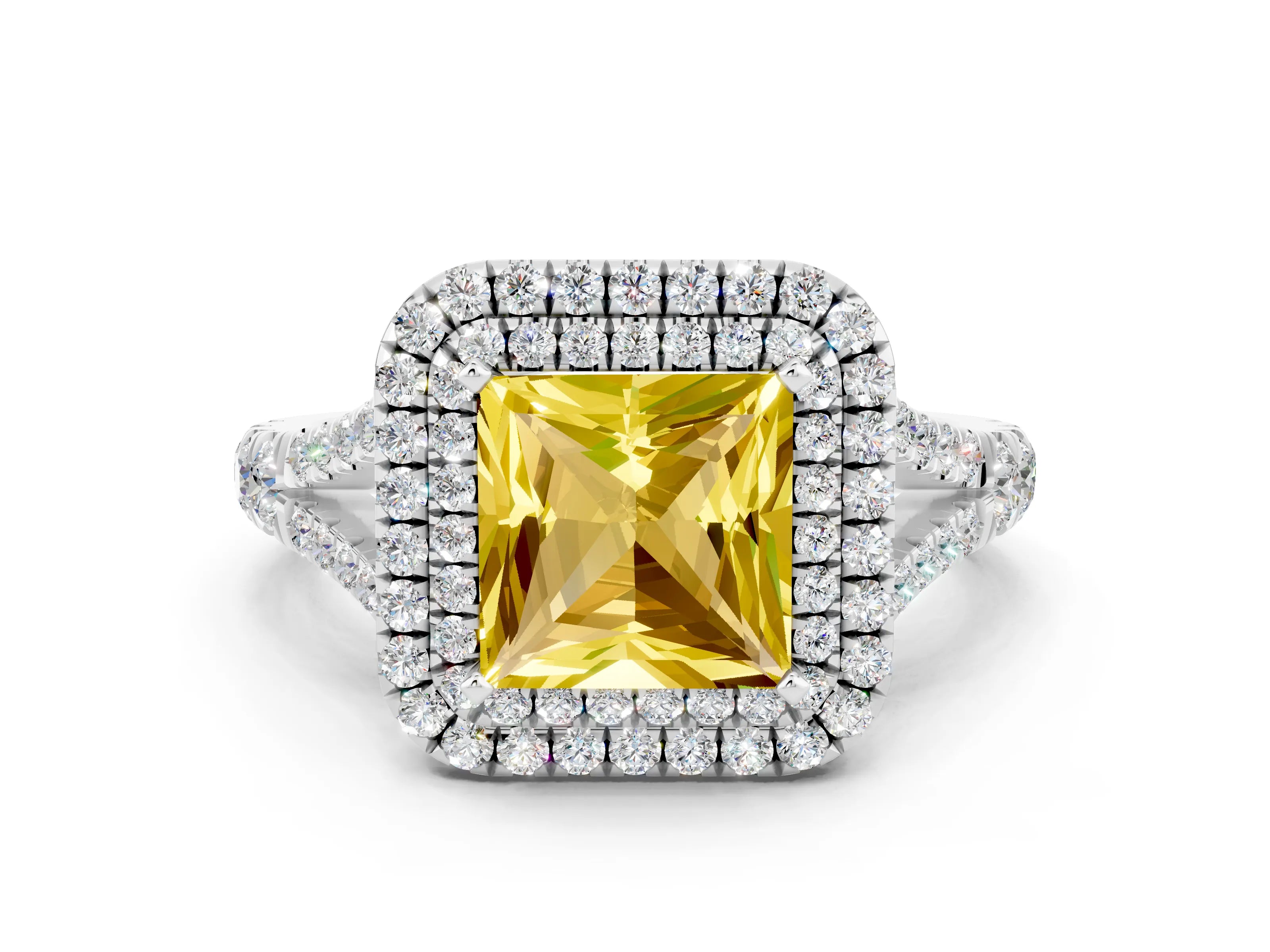 White gold Double Halo Princess Cut Yellow Sapphire Split Shank Engagement Ring with Four-Prong Setting