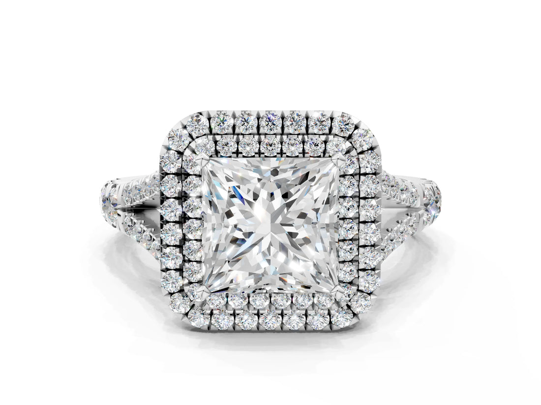 White gold Double Halo Princess-Shaped Split Shank Diamond Ring with Prong Setting_20