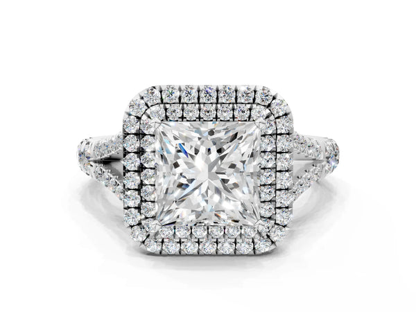 White gold Princess Cut Diamond Double Halo Ring with Split Shank and Prong Setting